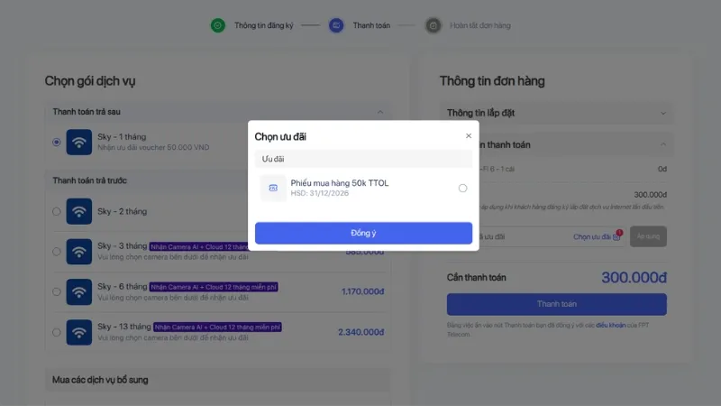 Đăng ký Internet FPT và thanh toán trả sau nhận ưu đãi giảm 50.000 đồng