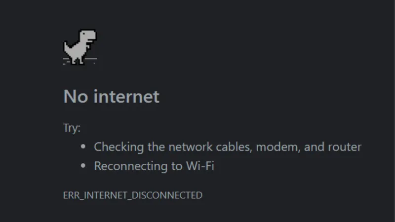 Lỗi ERR_INTERNET_DISCONNECTED khiến Chrome không thể tải trang web do mất kết nối Internet