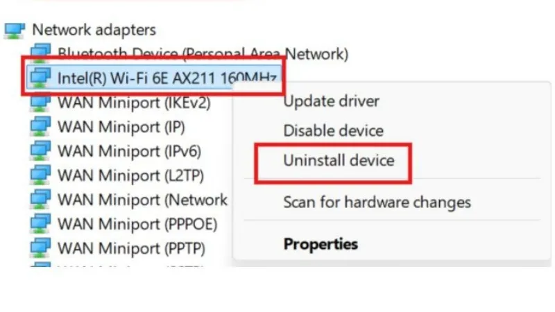 Update hoặc Uninstall driver card Wi-Fi
